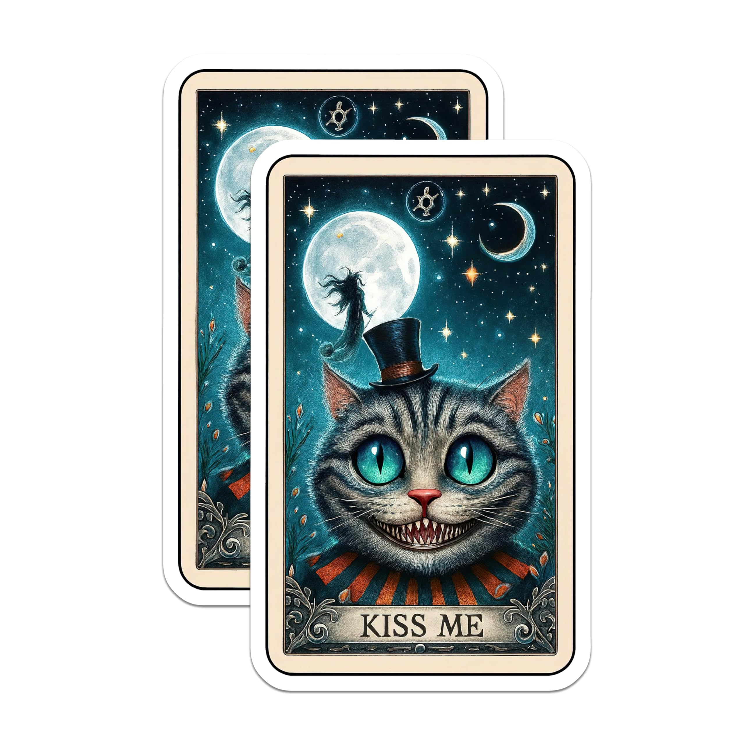 (2 Pack) Cheshire Cat Magnets - Alice Wonderland Fantasy Art - Grinning Cat Spooky Decor - Mystical Whimsical Full Moon Night - 5 Inches On Longest Side - Thick Durable Magnet - Made in USA - MAG22136