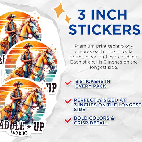 (3 Pack) Cowboy Horse Decals - Western Rider - Saddle Up and Ride- 3 Inches On Longest Side - Easy Peel & Apply - Made in USA - 3MCS5657