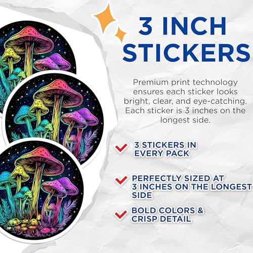 (3 Pack) Mushroom Decals - Psychedelic Art - Colorful Decal- 3 Inches On Longest Side - Easy Peel & Apply - Made in USA - 3MCS5358