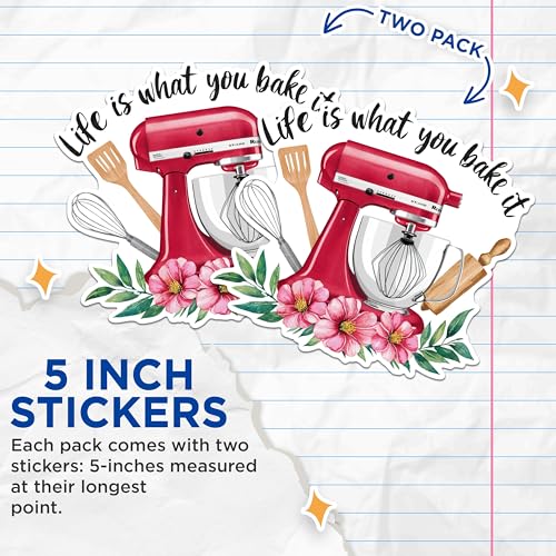 (2 Pack) Life is What You Bake It Stickers - Baking Mixer Stickers - Kitchen Appliance Stickers - 5" On Longest Side - Sticks to Any Smooth Flat Surface - Made in USA - BMCS2992