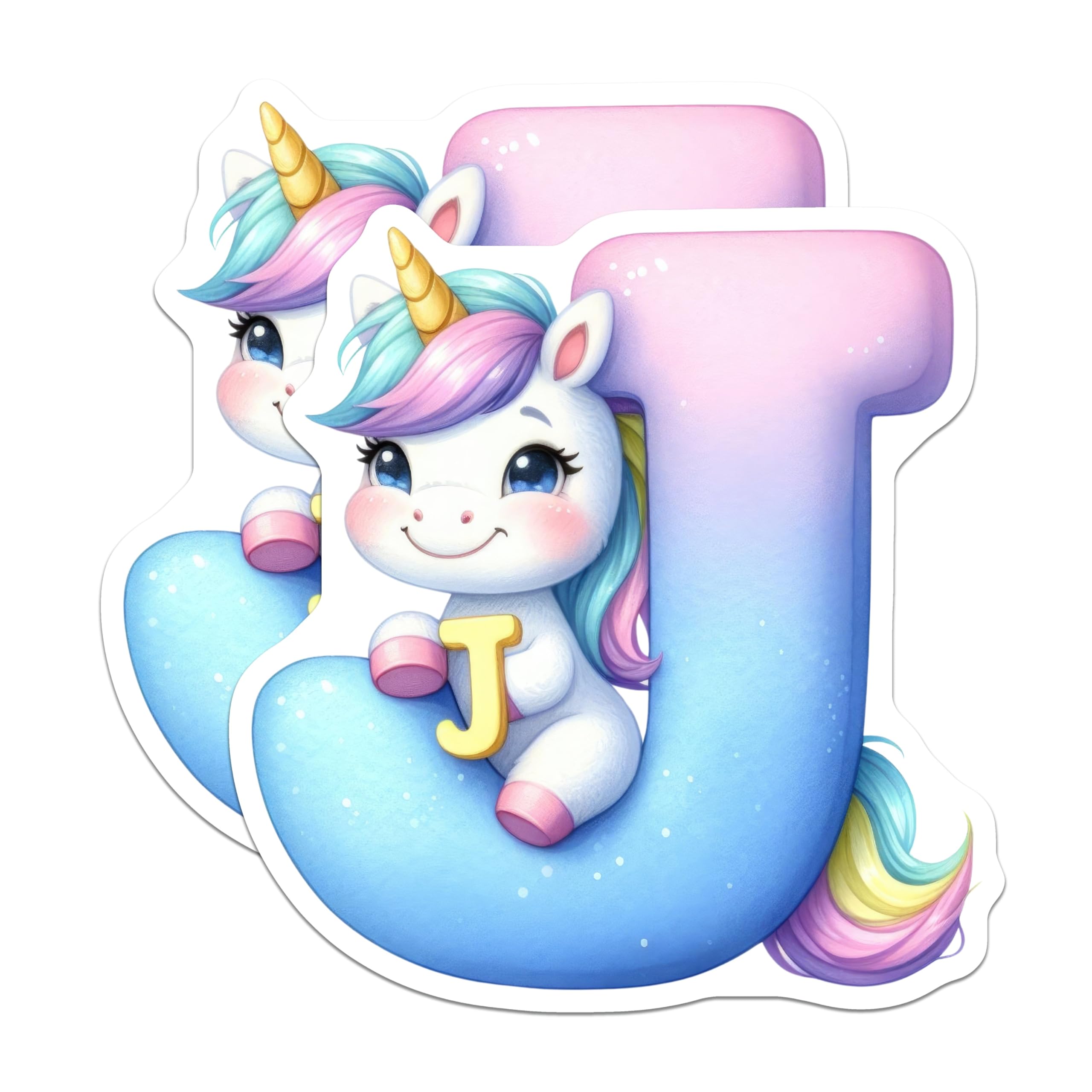 (2 Pack) Letter J Unicorn Stickers - Alphabet Initial Stickers - Cute Animal Stickers - 5" On Longest Side - Sticks to Smooth Flat Surfaces - Made in USA - BMCS14940