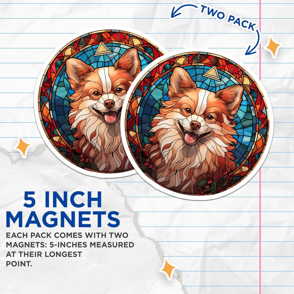 (2 Pack) Stained Glass Dog Magnets - Corgi Pomeranian Art - Whimsical Pet Fridge Decor - 5 Inches On Longest Side - Thick Durable Magnet - Made in USA - MAG28671