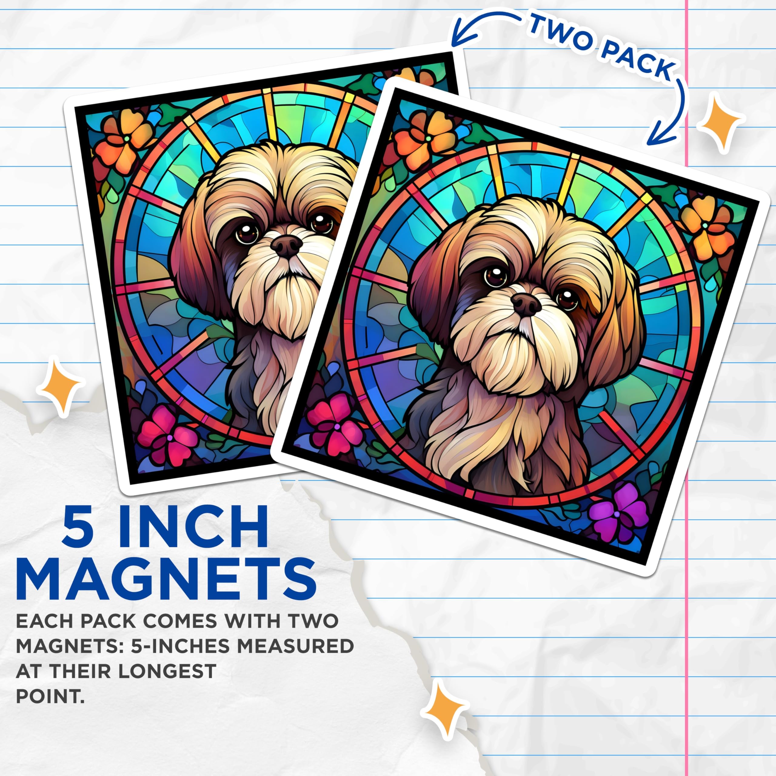 (2 Pack) Shih Tzu Magnets - Stained Glass Dog - Decorative Refrigerator Fridge - 5" On Longest Side - Premium Magnet - for Cars, Refrigerators, Toolboxes, Lockers - Made in USA - MAG14781