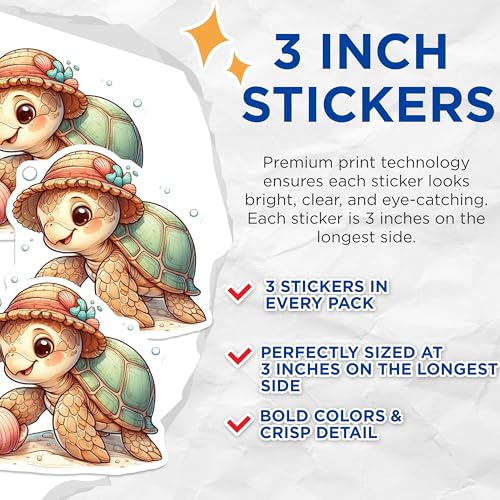 (3 Pack) Turtle with Hat Decals - Cute Turtle Art - Laptop Decals - 3 Inches On Longest Side - Easy Peel & Apply - Made in USA - 3MCS0086