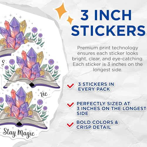 (3 Pack) Stay Magic Decals - Crystals and Book - Magical Laptop Decal- 3 Inches On Longest Side - Easy Peel & Apply - Made in USA - 3MCS5238