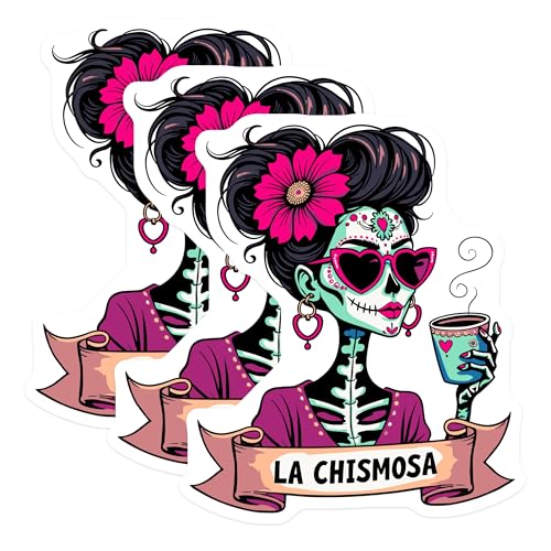 (3 Pack) La Chismosa Decals - Calavera - Day of The Dead Decals - 3 Inches On Longest Side - Easy Peel & Apply - Made in USA - 3MCS4373
