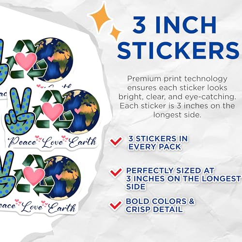 (3 Pack) Peace Love Earth Decals - Environmental Stickers - Recycle Symbol Sticker - 3 Inches On Longest Side - Easy Peel & Apply - Made in USA - 3MCS7217