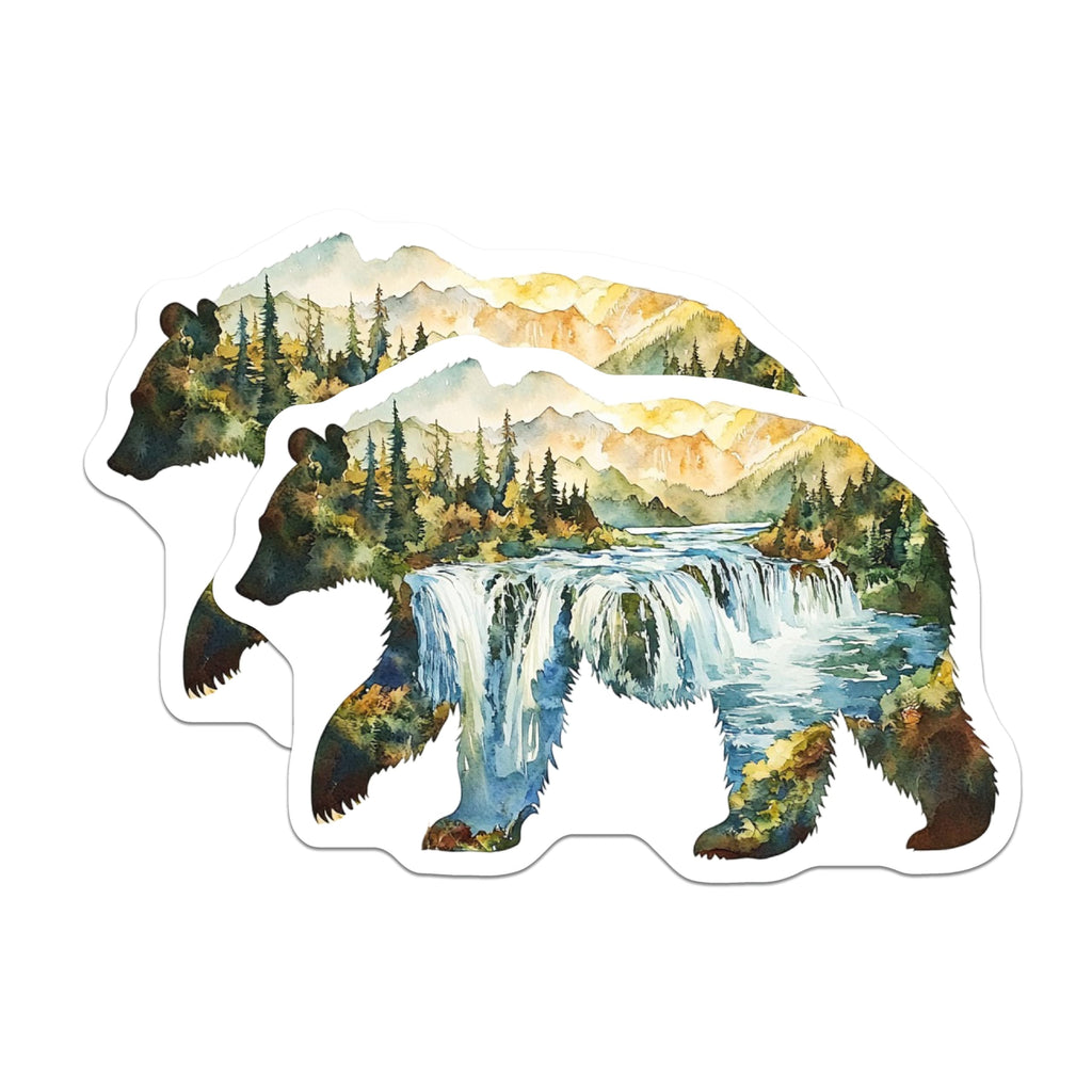 (2 Pack) Bear Waterfall Stickers - Mountain River Decals - Nature Art Stickers - 5" On Longest Side - Sticks to Smooth Flat Surfaces - Made in USA - BMCS14093
