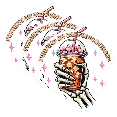 (3 Pack) Caffeine Chaos Decals - Funny Beverage - Skeleton Hand Sticker - 3 Inches On Longest Side - Easy Peel & Apply - Made in USA - 3MCS6286