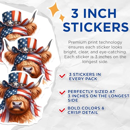 (3 Pack) American Highland Cow Decals - Patriotic Animal - Laptop Decals- 3 Inches On Longest Side - Easy Peel & Apply - Made in USA - 3MCS5112