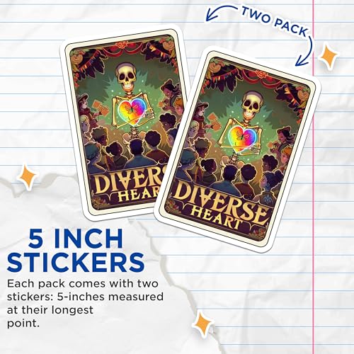 (2 Pack) Diverse Heart Stickers - Inclusivity Art - Skull Holding Heart Stickers - 5" On Longest Side - Sticks to Smooth Flat Surfaces - Made in USA - BMCS3978