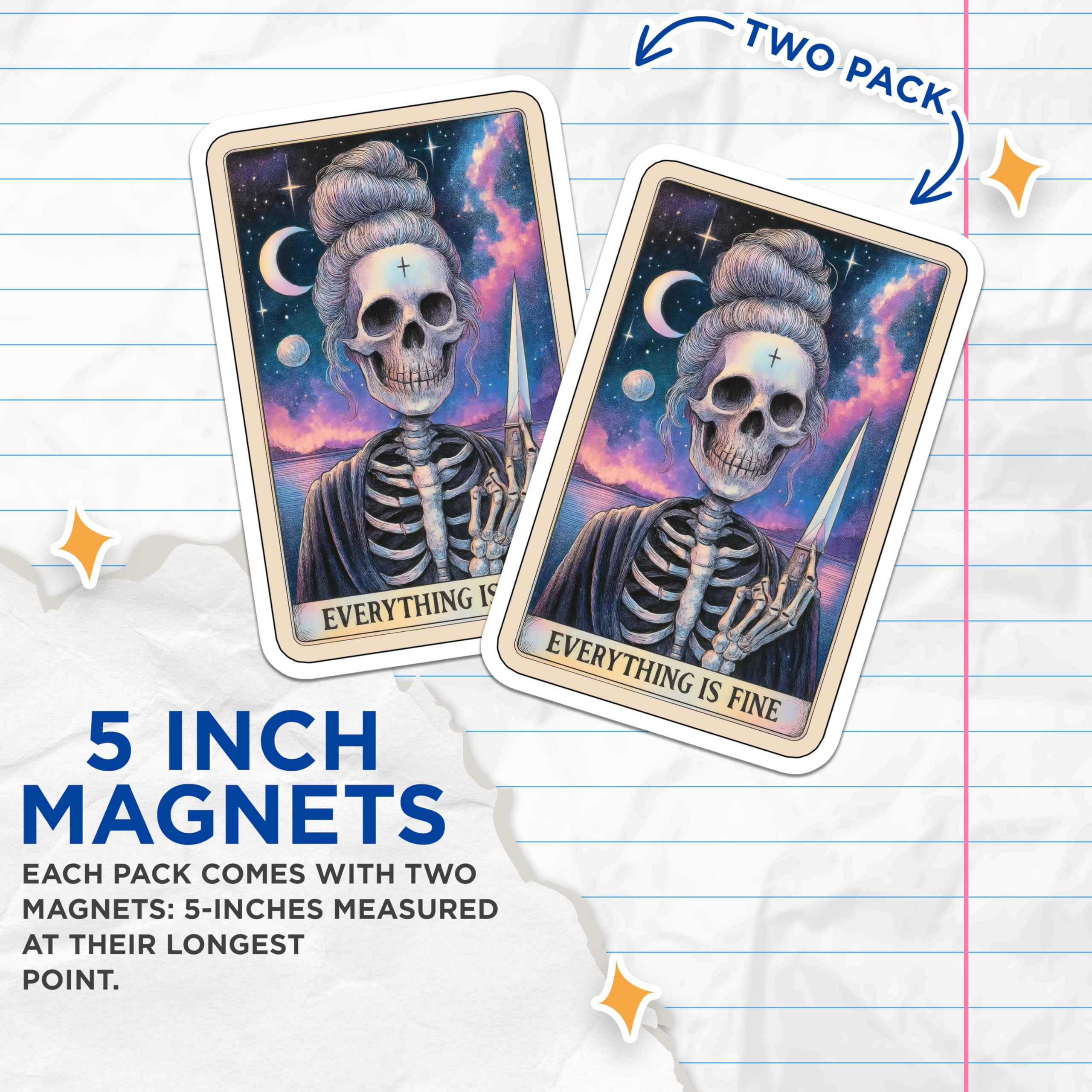 (2 Pack) Everything is Fine Skeleton Magnets - Messy Bun Skull Art - Dark Humor Tarot Decor - 5 Inches On Longest Side - Thick Durable Magnet - Made in USA - MAG21550