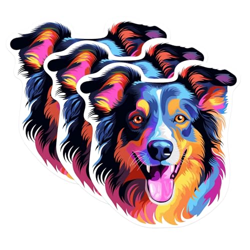 (3 Pack) Australian Shepherd Decals - Colorful Dog Stickers - Laptop Decal - 3 Inches On Longest Side - Easy Peel & Apply - Made in USA - 3MCS0712