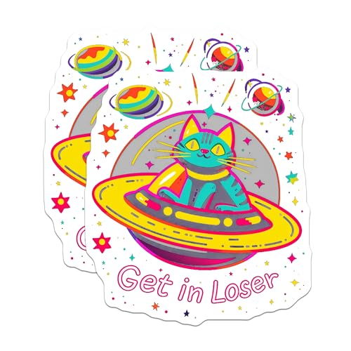 (2 Pack) Cat in Spaceship Stickers - Alien Cat Holographic Stickers - Space Cat Funny Stickers - 5" On Longest Side - Sticks to Any Smooth Flat Surface - Made in USA - BMCS3510