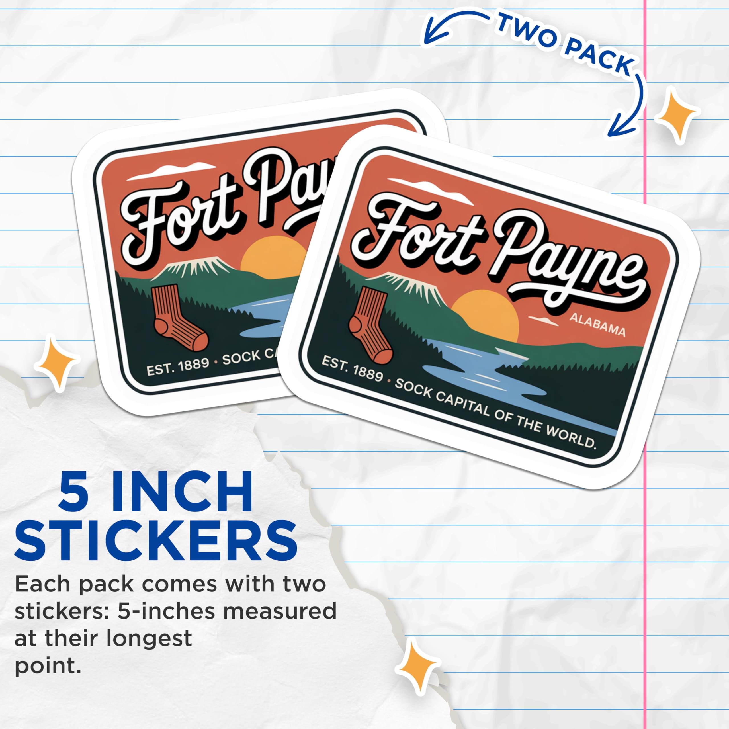 (2 Pack) Fort Payne Alabama Stickers - Sock Capital - Souvenir Stickers - 5" On Longest Side - Sticks to Smooth Flat Surfaces - Made in USA - BMCS18675