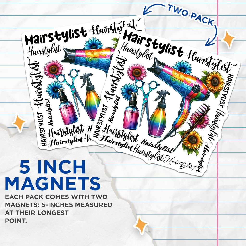 (2 Pack) Hairstylist Magnets - Hairdresser Salon Decor - Cosmetology Student Present - 5 Inches On Longest Side - Thick Durable Magnet - Made in USA - MAG37733