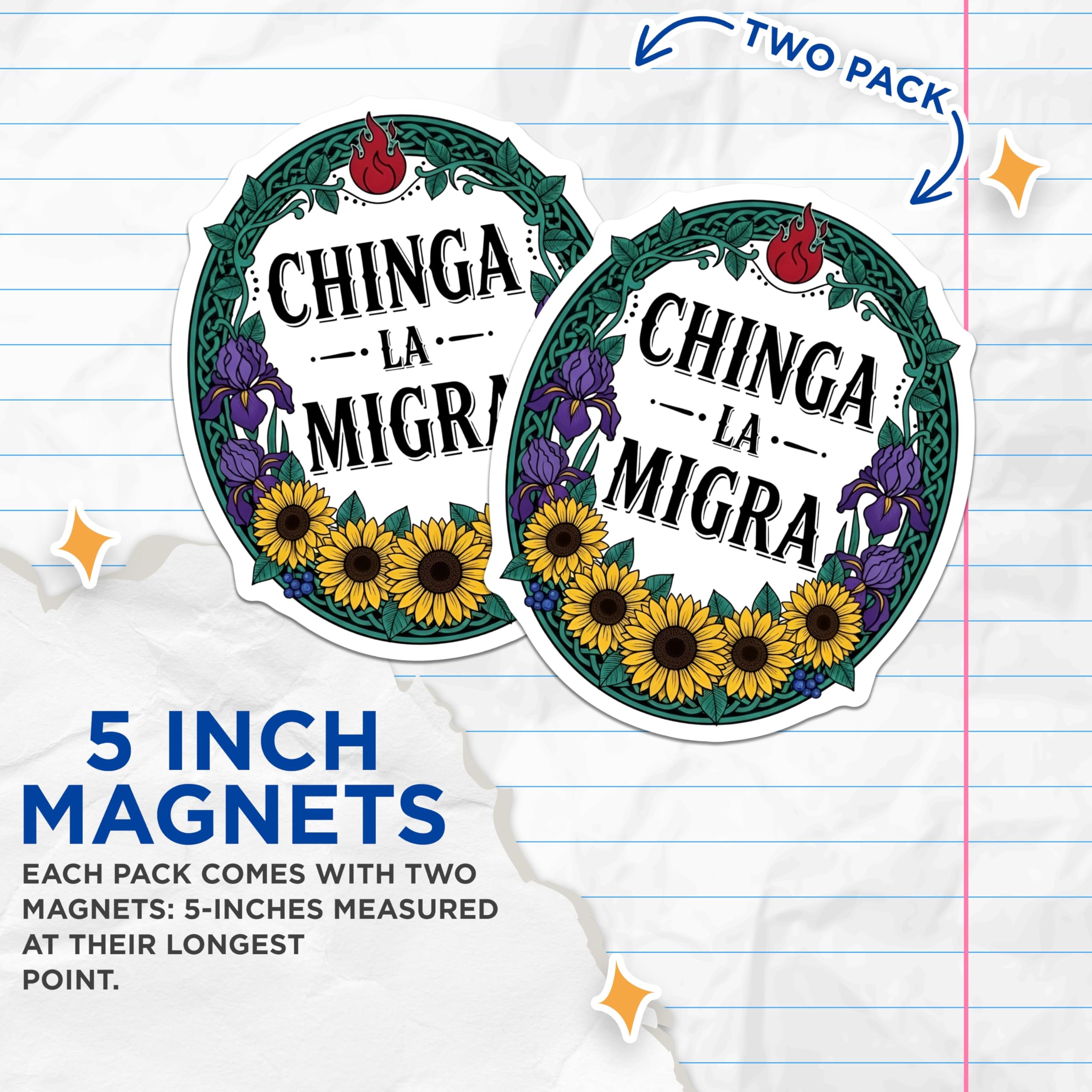 (2 Pack) Chinga La Migra Magnets - Immigrant Rights Activist Decor - Social Justice Floral Statement - 5 Inches On Longest Side - Thick Durable Magnet - Made in USA - MAG29465