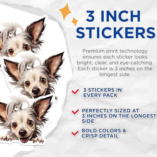(3 Pack) Chinese Crested Decals - Hairless Dog Decals - Cute Puppy Pet Stickers - 3 Inches On Longest Side - Easy Peel & Apply - Made in USA - 3MCS8693