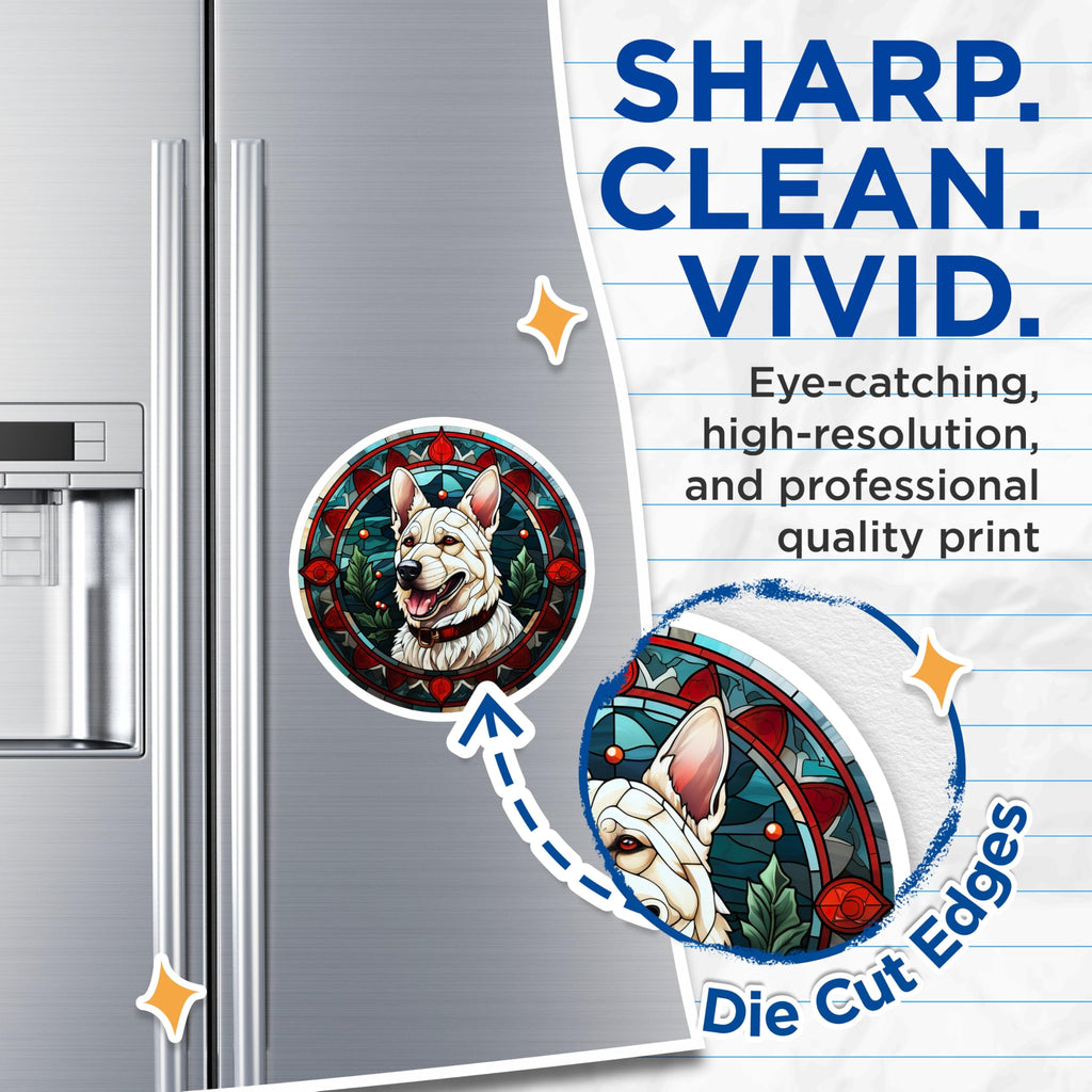 (2 Pack) White Dog Stained Glass Magnets - Christmas Holiday Decor Pet Parent - Winter Animal Art Refrigerator Door - 5 Inches On Longest Side - Thick Durable Magnet - Made in USA - MAG29755