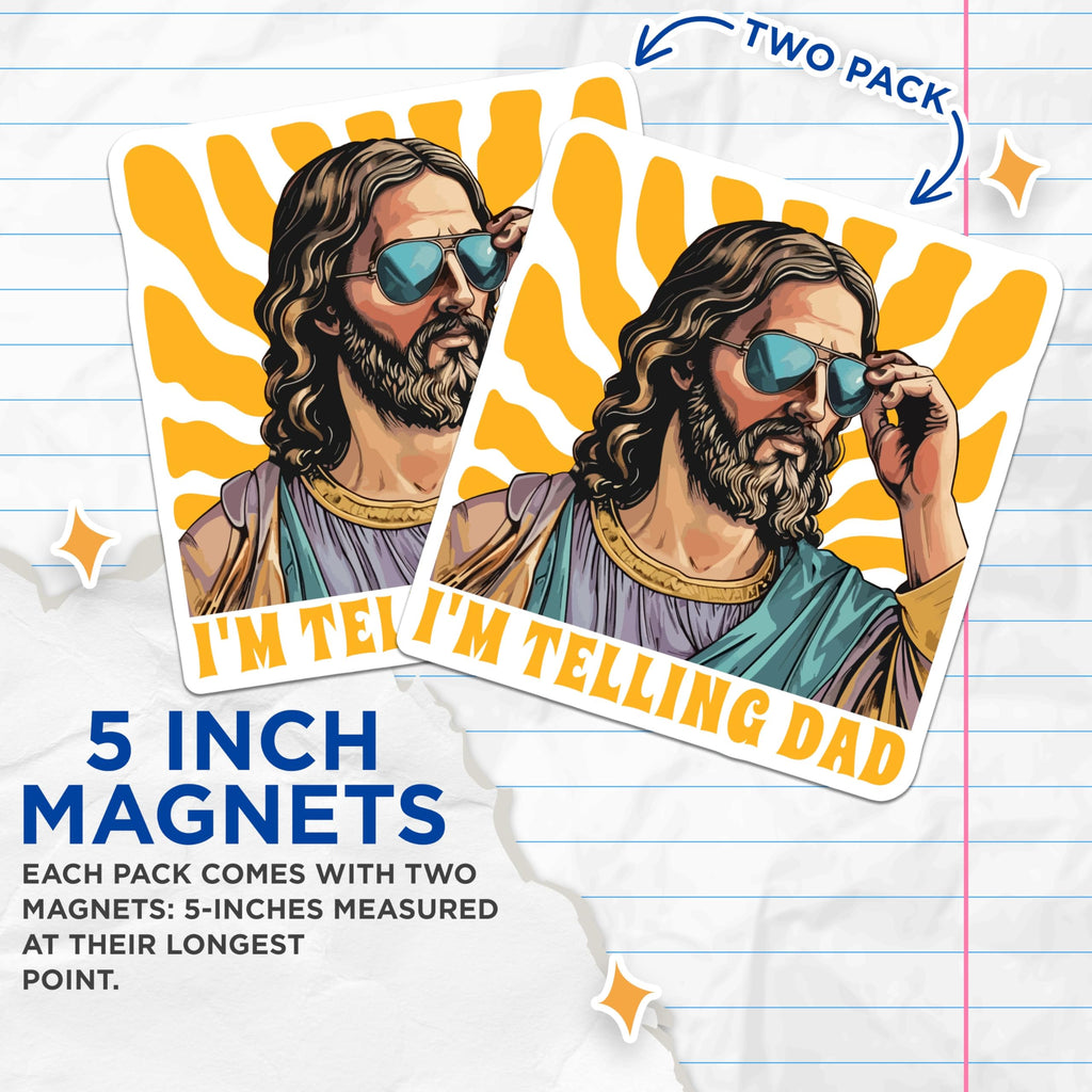(2 Pack) Funny Jesus Magnets - Cool Christ Sunglasses Meme - I'm Telling Dad Humor Refrigerator Magnets - 5 Inches On Longest Side - Thick Durable Magnet - Made in USA - MAG24124