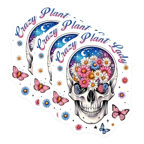 (3 Pack) Crazy Plant Lady Decals - Skull with Flowers - Floral Skeleton Decal - 3 Inches On Longest Side - Easy Peel & Apply - Made in USA - 3MCS6139