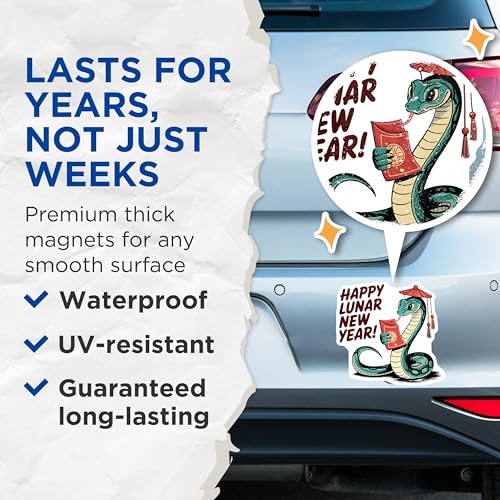 (2 Pack) Happy Lunar New Year Magnets - Snake Design - Chinese New Year Magnet - Year of The Snake - 5" On Longest Side - for Cars, Fridges, Toolboxes - Made in USA - MAG4134