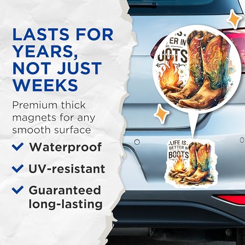 (2 Pack) Life is Better in Boots Magnets - Western Decor - Campfire Art - Cowboy Boots Magnets - 5" On Longest Side - for Cars, Fridges, Toolboxes - Made in USA - MAG7009