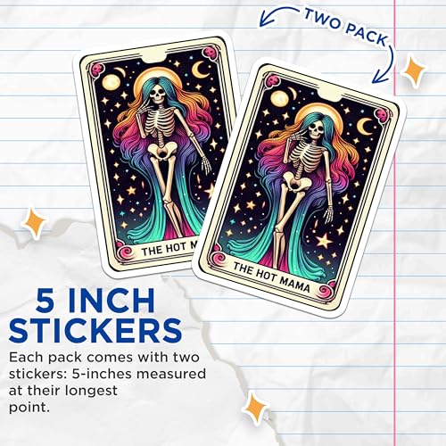 (2 Pack) The Hot Mama Stickers - Skeleton Tarot Stickers - Celestial Art Stickers - 5" On Longest Side - Sticks to Smooth Flat Surfaces - Made in USA - BMCS5437