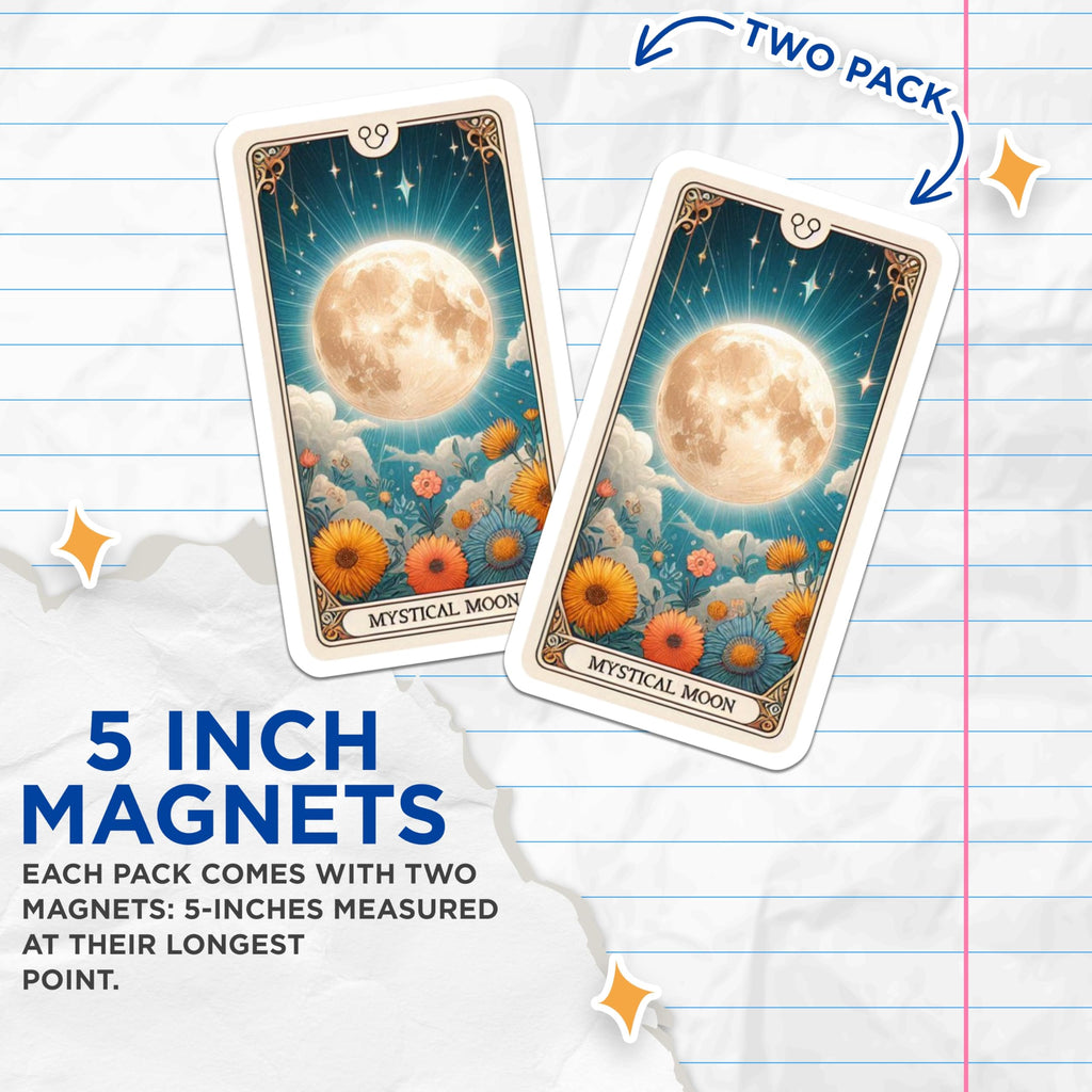 (2 Pack) Mystical Moon Magnets - Tarot Card Art Design - Celestial Flowers Aesthetic Decor - 5 Inches On Longest Side - Thick Durable Magnet - Made in USA - MAG21713