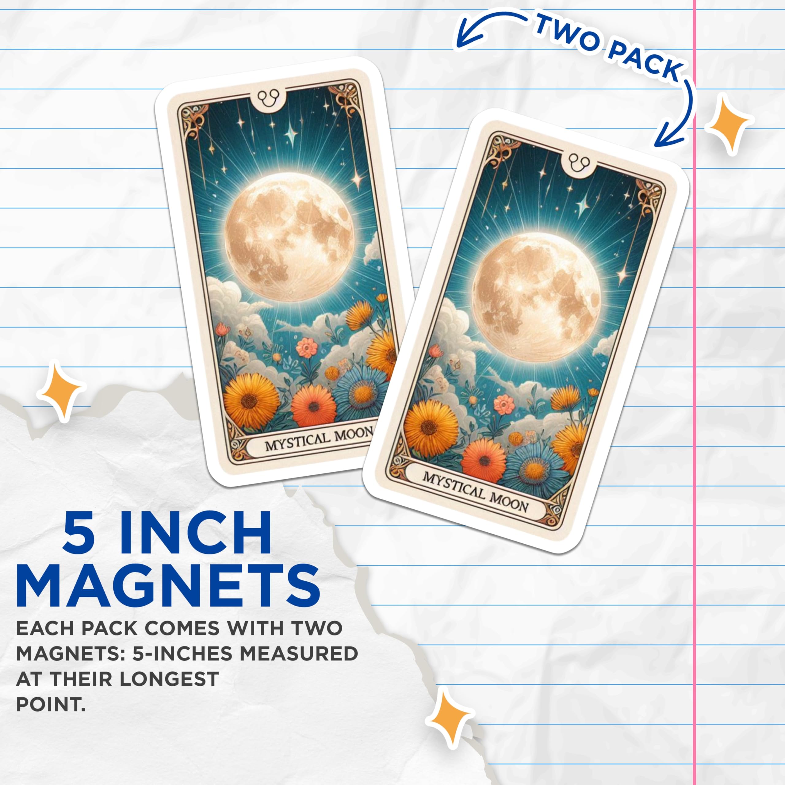 (2 Pack) Mystical Moon Magnets - Tarot Card Art Design - Celestial Flowers Aesthetic Decor - 5 Inches On Longest Side - Thick Durable Magnet - Made in USA - MAG21713