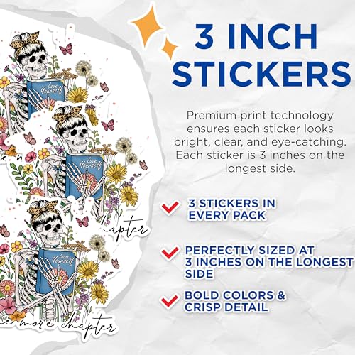 (3 Pack) Skeleton Reader Decals - Floral Skull Laptop Decal - One More Chapter Decal - 3 Inches On Longest Side - Easy Peel & Apply - Made in USA - 3MCS1823