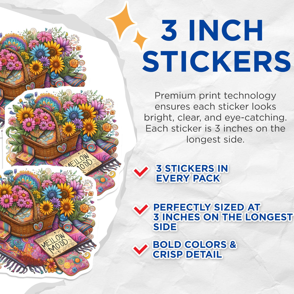 (3 Pack) Flower Basket Decals - Mellow Mood Stickers - Picnic Blanket Decals - 3 Inches On Longest Side - Easy Peel & Apply - Made in USA - 3MCS7600