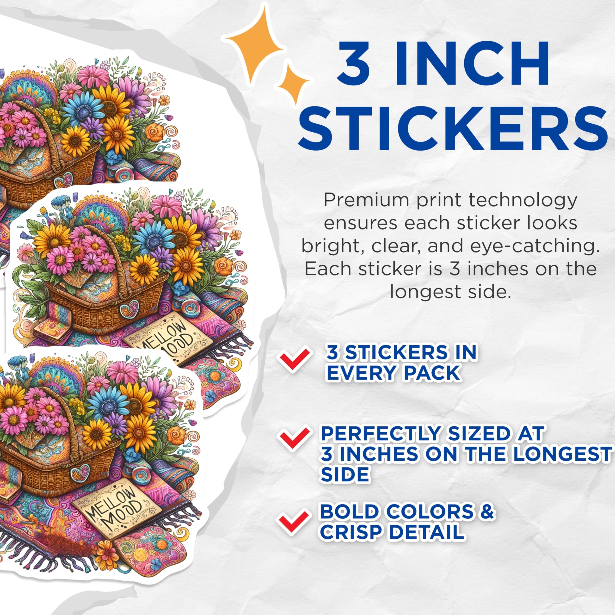 (3 Pack) Flower Basket Decals - Mellow Mood Stickers - Picnic Blanket Decals - 3 Inches On Longest Side - Easy Peel & Apply - Made in USA - 3MCS7600