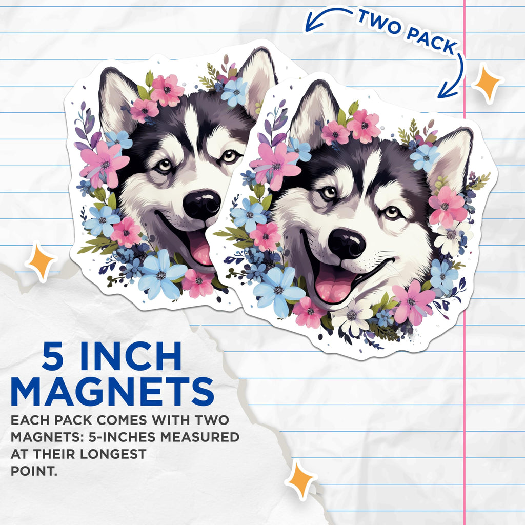 (2 Pack) Husky Dog Floral Magnets - Siberian Husky Decor - Pet Lover Refrigerator Magnets - 5 Inches On Longest Side - Thick Durable Magnet - Made in USA - MAG26401