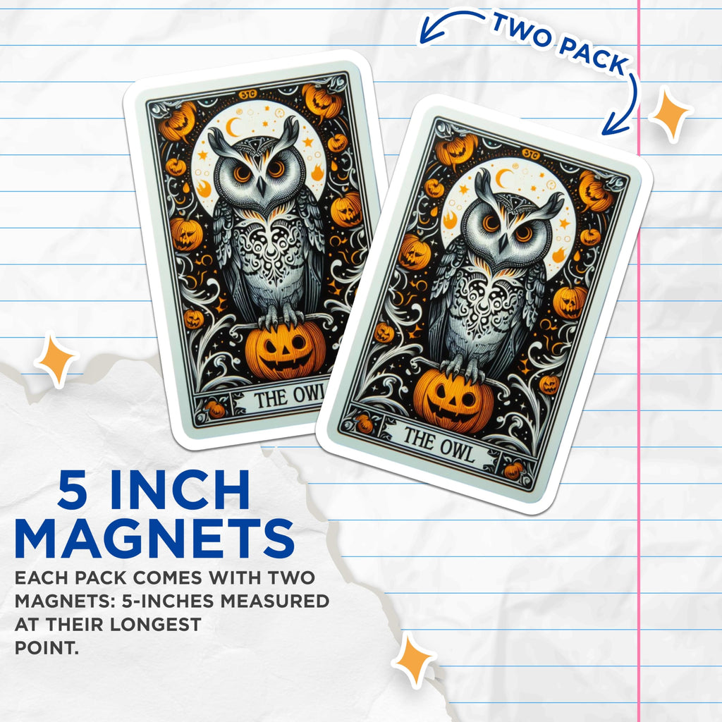 (2 Pack) Halloween Owl Magnets - Spooky Tarot Card Art - Jack O Lantern Decor - Mystic Autumn Refrigerator Art - 5 Inches On Longest Side - Thick Durable Magnet - Made in USA - MAG20471