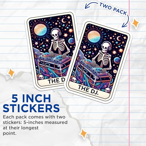 (2 Pack) DJ Skull Stickers - Music Lover Stickers - Cosmic Skeleton Stickers - 5" On Longest Side - Sticks to Smooth Flat Surfaces - Made in USA - BMCS5386