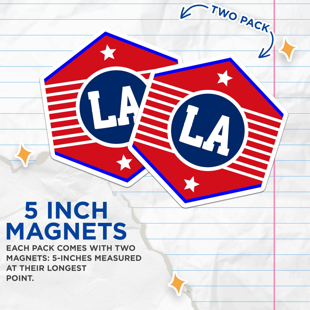 (2 Pack) LA Initial Magnets - Red White Blue Design - LA Letters Home Decor Magnets - 5" On Longest Side - Premium Magnet - for Cars, Refrigerators, Toolboxes, Lockers - Made in USA - MAG18734
