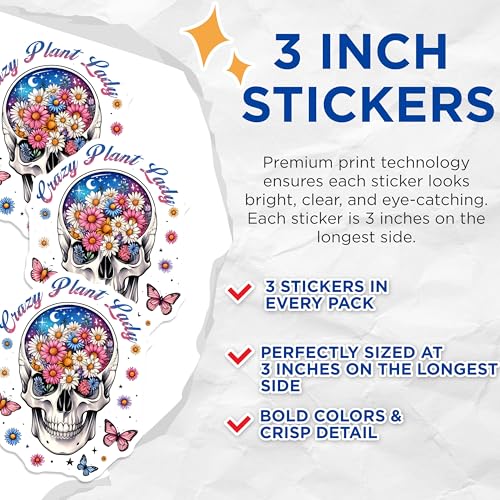 (3 Pack) Crazy Plant Lady Decals - Skull with Flowers - Floral Skeleton Decal - 3 Inches On Longest Side - Easy Peel & Apply - Made in USA - 3MCS6139