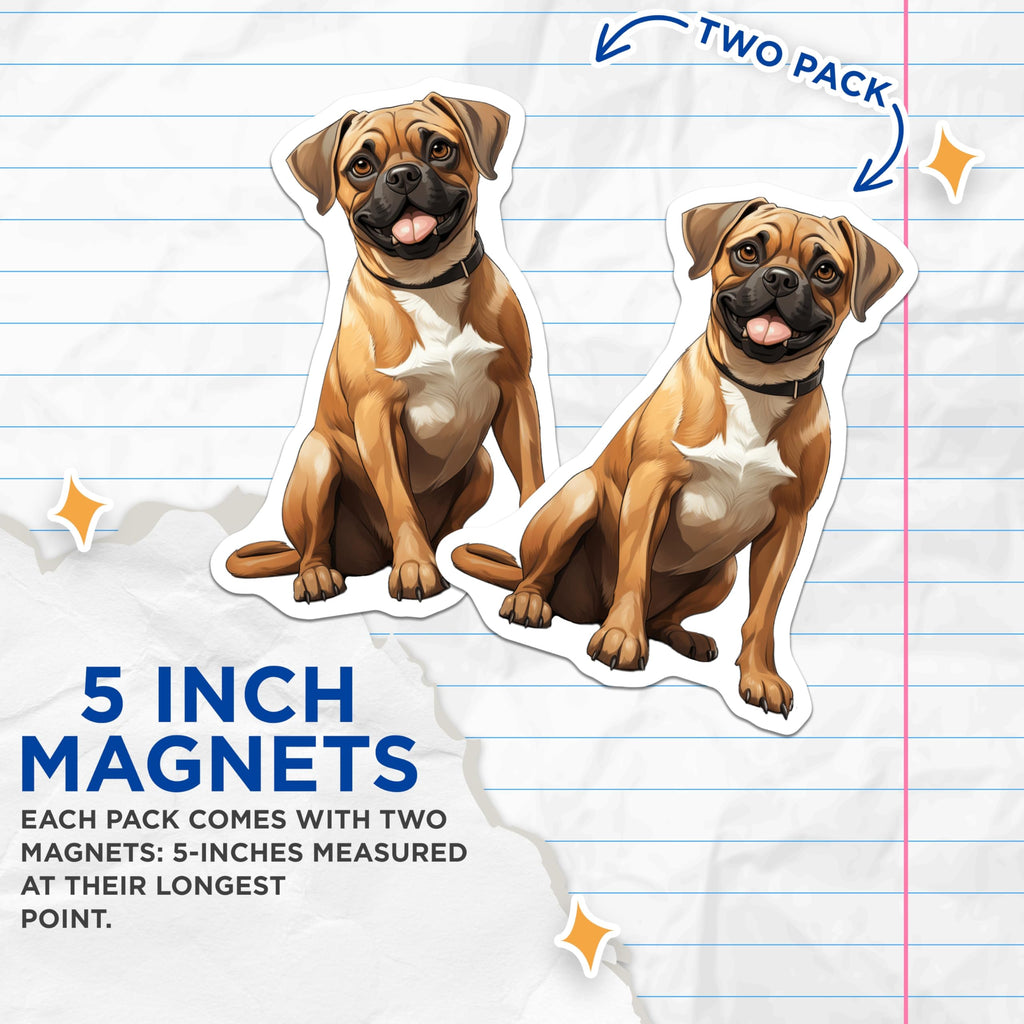 (2 Pack) Puggle Dog Magnets - Cute Dog Lovers Decor - Pet Parent Refrigerator Art - 5 Inches On Longest Side - Thick Durable Magnet - Made in USA - MAG30513