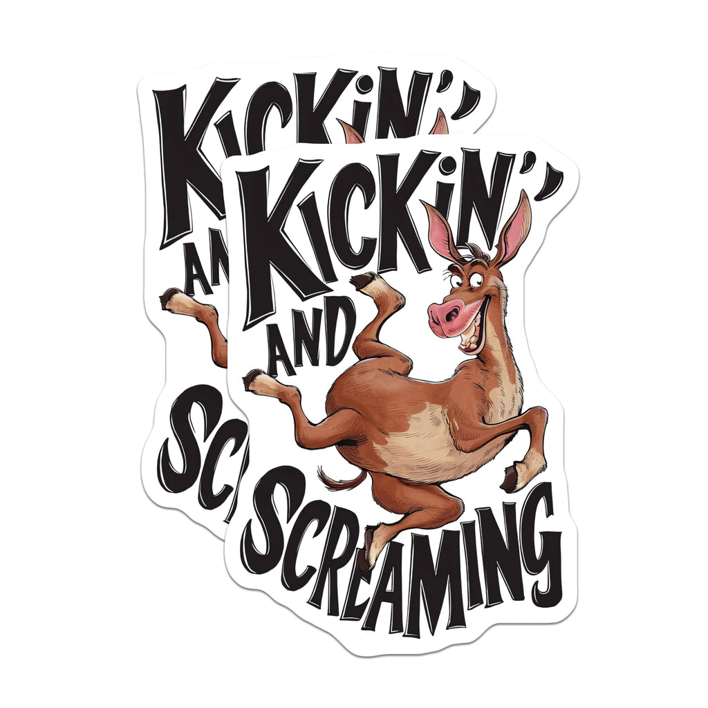 (2 Pack) Kickin and Screaming Stickers - Funny Animal Stickers - Cartoon Phrase Stickers - 5" On Longest Side - Sticks to Smooth Flat Surfaces - Made in USA - BMCS4142