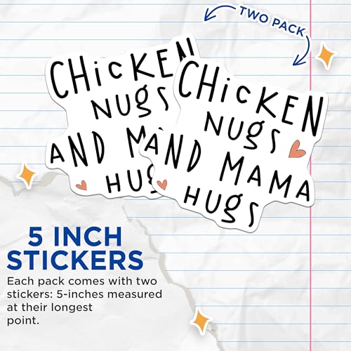 (2 Pack) Chicken Nugs and Mama Hugs Stickers - Cute Heart Stickers - Fun Quote Stickers for Kids - 5" On Longest Side - Sticks to Smooth Flat Surfaces - Made in USA - BMCS3661