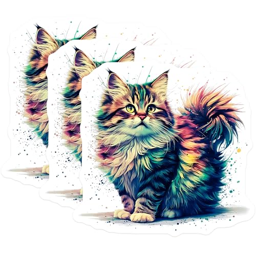 (3 Pack) Maine Coon Cat Decals - Colorful Cat Art - Laptop Decals - 3 Inches On Longest Side - Easy Peel & Apply - Made in USA - 3MCS2159