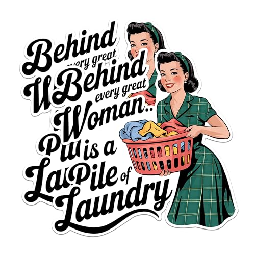 (2 Pack) Funny Laundry Stickers - Retro Woman Stickers - Household Chore Humor Stickers - 5" On Longest Side - Sticks to Any Smooth Flat Surface - Made in USA - BMCS2944