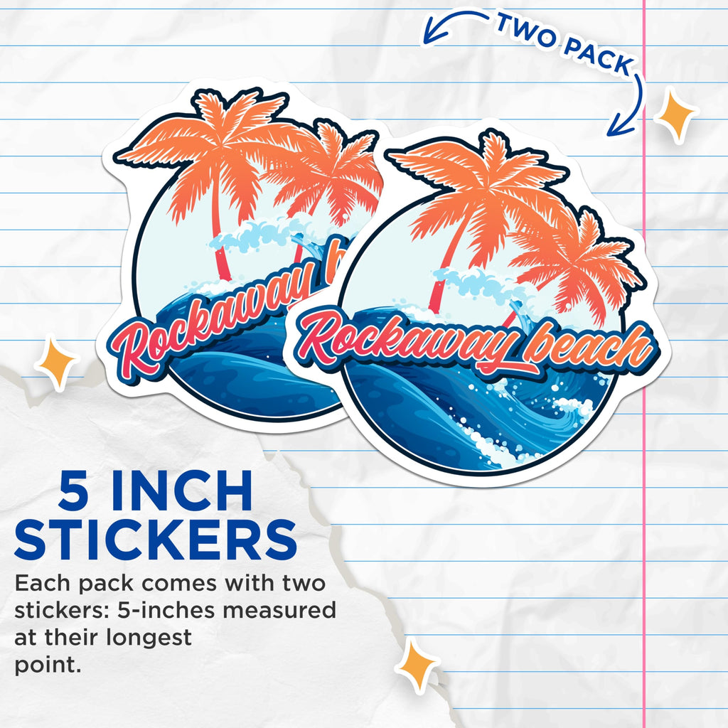 (2 Pack) Rockaway Beach Stickers - Palm Tree Stickers - Coastal Stickers - 5" On Longest Side - Sticks to Smooth Flat Surfaces - Made in USA - BMCS18916