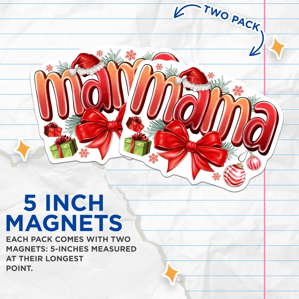 (2 Pack) Christmas Mama Magnets - Festive Kitchen Refrigerator Magnets - Santa Hat Holiday Season Decor for Mom - 5 Inches On Longest Side - Thick Durable Magnet - Made in USA - MAG29997