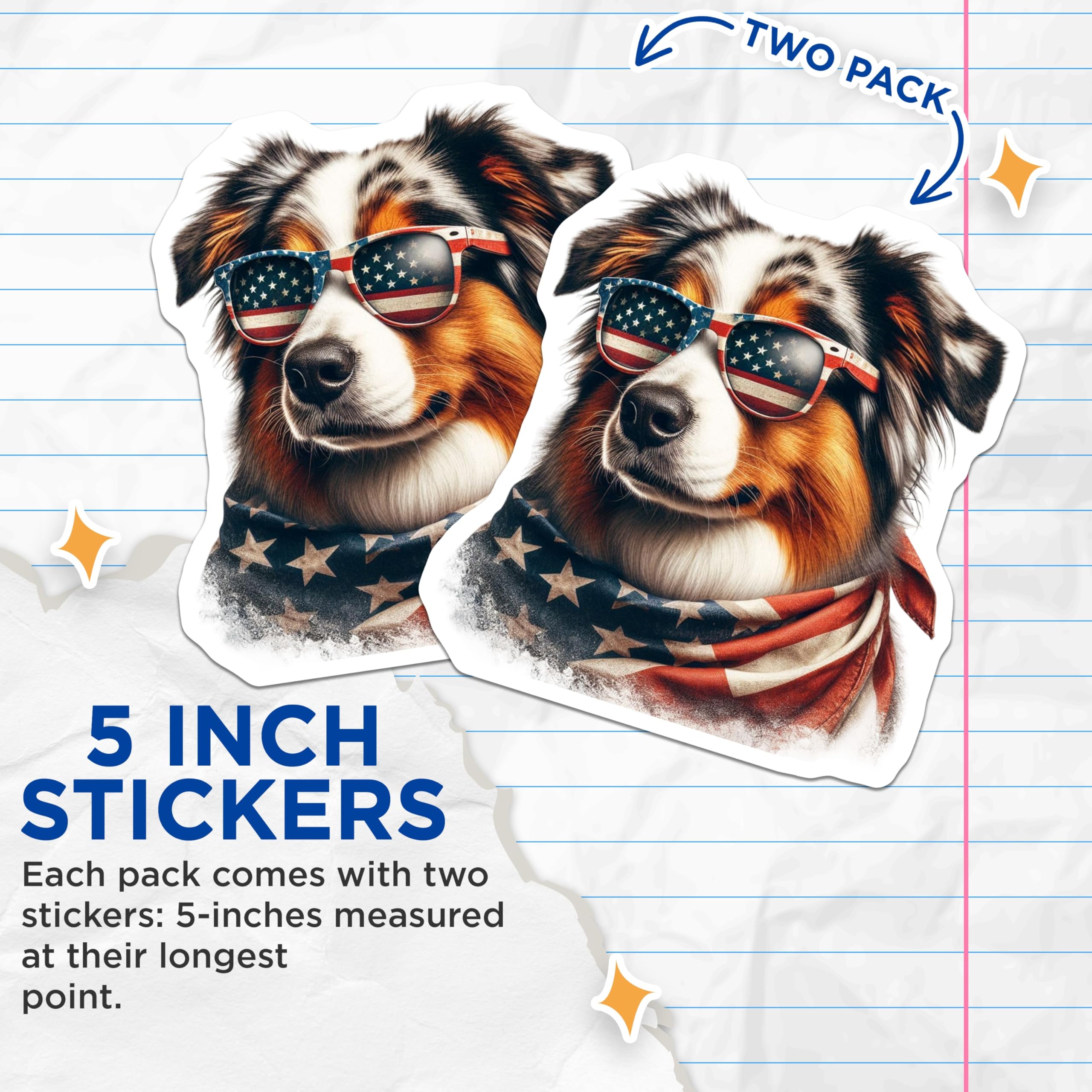 (2 Pack) Aussie Dog Stickers - Patriotic Sunglasses - American Flag Bandana - 5" On Longest Side - Sticks to Smooth Flat Surfaces - Made in USA - BMCS15782