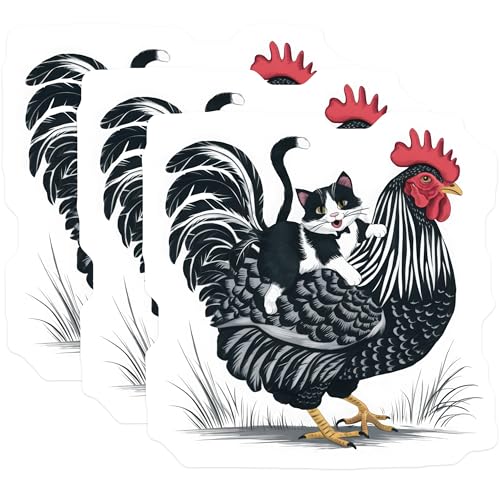 (3 Pack) Cat Riding Chicken Decals - Tuxedo Cat - Funny Animals - 3 Inches On Longest Side - Easy Peel & Apply - Made in USA - 3MCS4595
