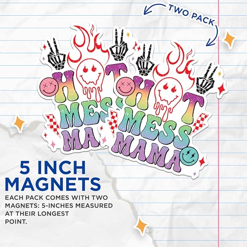(2 Pack) Hot Mess Mama Magnets - Funny Mom Quotes Magnets - Trendy Mom Magnets- 5" On Longest Side - for Fridges, Toolboxes, Cars - Made in USA - MAG2959