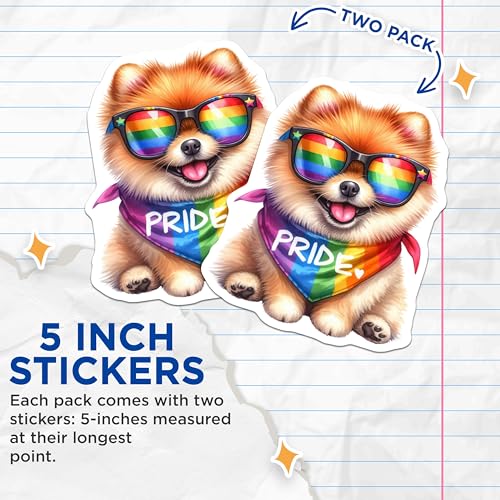 (2 Pack) Pride Dog Stickers - Cute Dog in Sunglasses - Rainbow Bandana Dog Stickers - Adorable Pet Stickers - 5" On Longest Side - Sticks to Smooth Flat Surfaces - Made in USA - BMCS6513