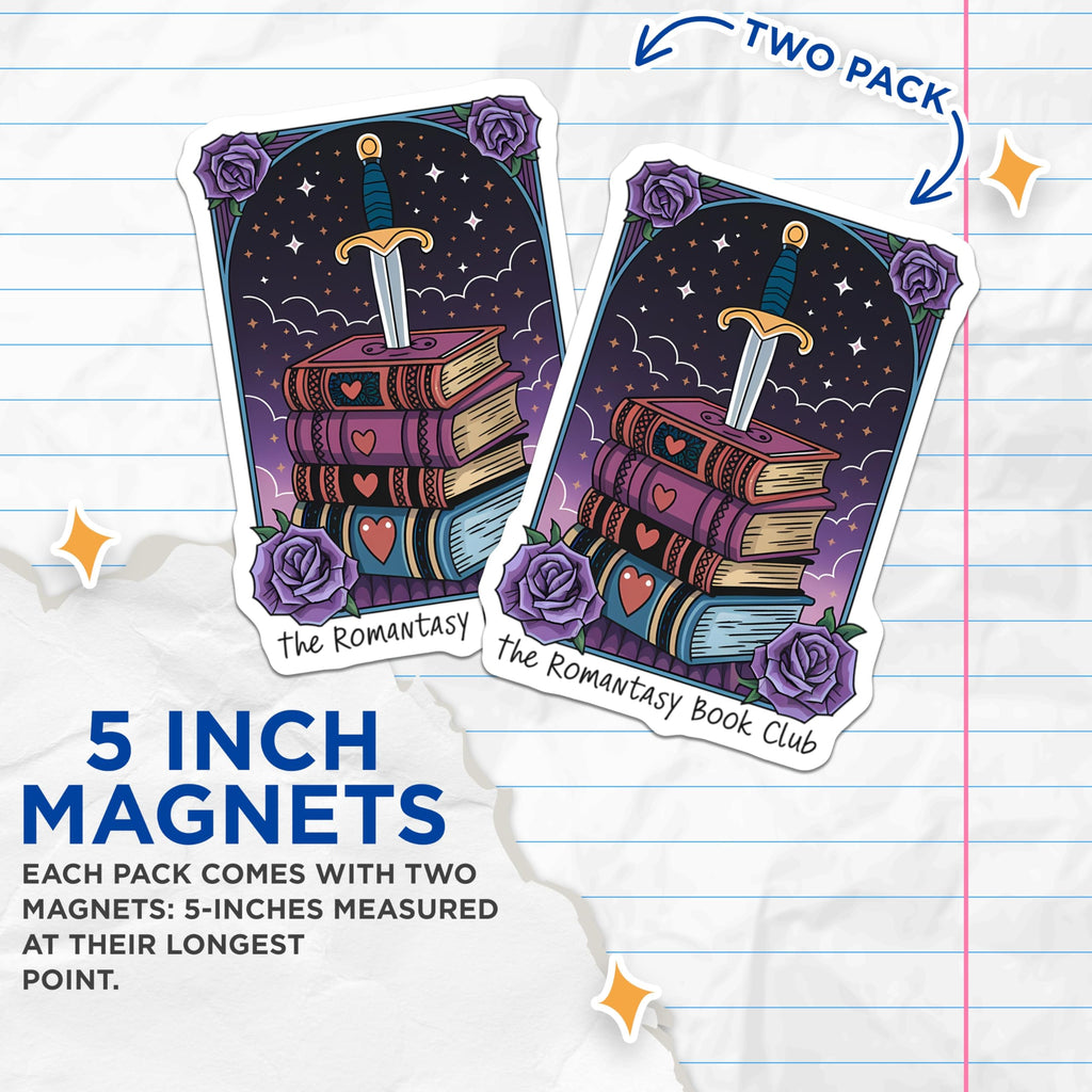 (2 Pack) Romantasy Book Club Magnets - Enchanted Sword Books Fantasy Reading Decor - Starry Literary Aesthetic Art - 5 Inches On Longest Side - Thick Durable Magnet - Made in USA - MAG22270